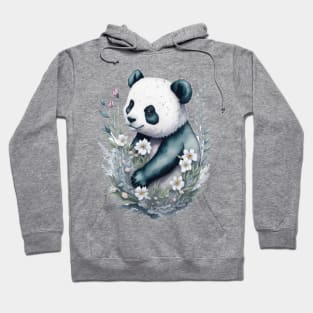 Panda bear around Flowers: Scattered Watercolor in Pastel Colors. Hoodie